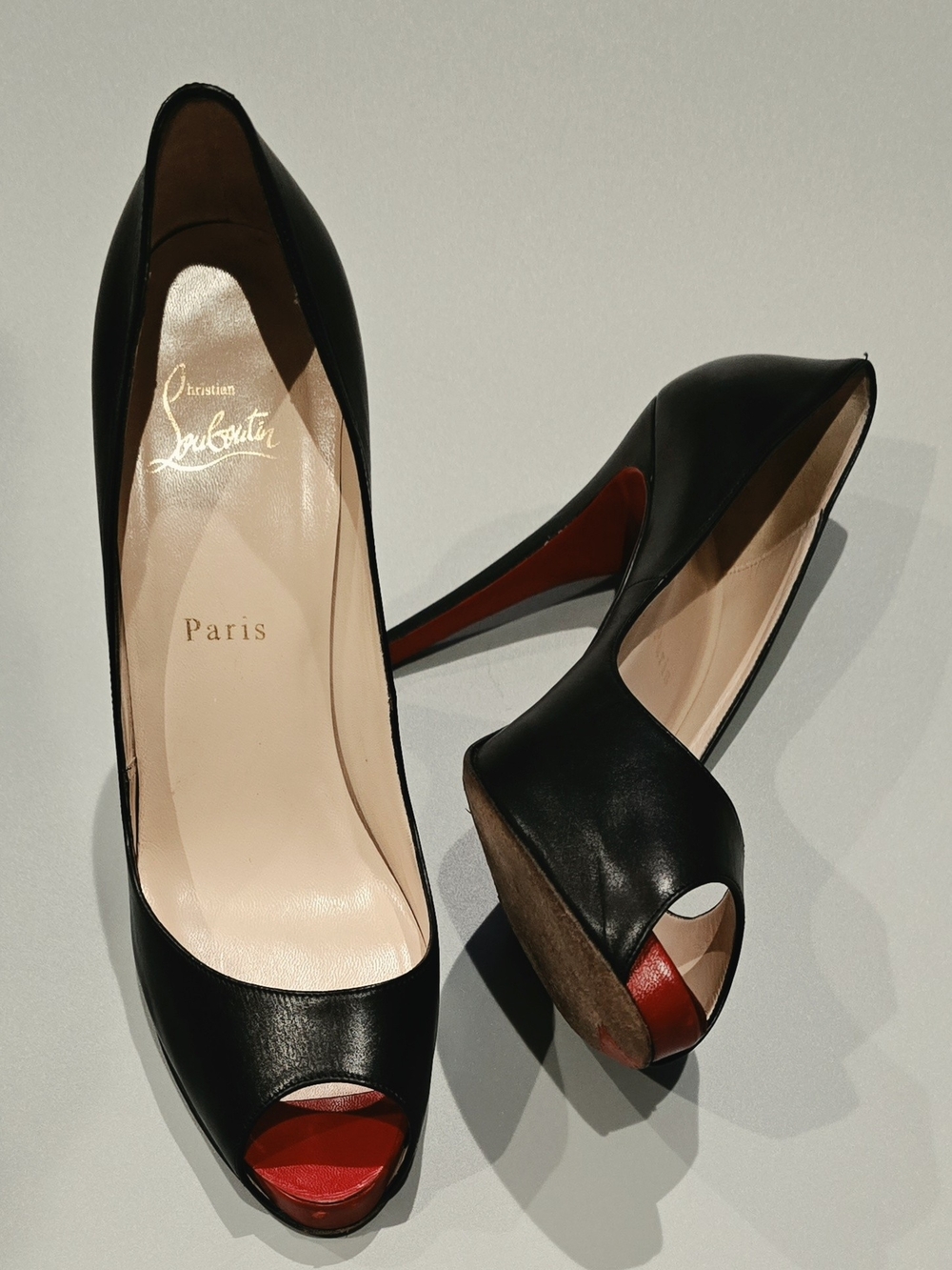 Christian Louboutin Black Leather Peep-Toe Pumps with Red Sole